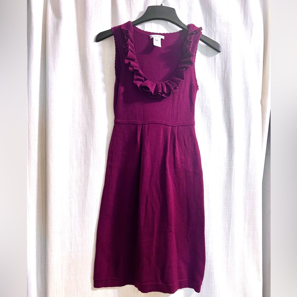 Nanette Lepore Merino Wool Dress Metallic Accented Ruffles burgundy, XS